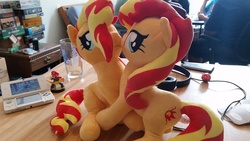 Size: 3264x1836 | Tagged: safe, artist:onlyfactory, sunset shimmer, human, pony, unicorn, g4, 3ds, amiibo, board game, bootleg, dice, female, hug, imminent kissing, irl, irl human, lesbian, male, mario, new 3ds, nintendo ds, photo, plushie, self ponidox, selfcest, shipping, super mario bros.