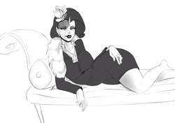 Size: 1177x827 | Tagged: safe, artist:sundown, rarity, human, g4, rarity investigates, barefoot, bedroom eyes, draw me like one of your french girls, eyeshadow, feet, female, grin, horn, horned humanization, humanized, lipstick, looking at you, makeup, monochrome, on side, smiling, solo