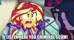 Size: 1272x687 | Tagged: safe, screencap, sci-twi, sunset shimmer, twilight sparkle, equestria girls, g4, my little pony equestria girls: friendship games, criminal scum, frown, glare, open mouth, pointing