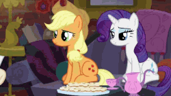 Size: 854x480 | Tagged: safe, screencap, applejack, rarity, earth pony, pony, unicorn, g4, made in manehattan, animated, applejack's hat, blinking, cowboy hat, cup, cute, eating, female, glowing horn, hat, horn, jackabetes, magic, mare, mouth hold, nom, prone, raised hoof, silly, silly pony, sitting, smiling, talking, teacup, teapot, telekinesis