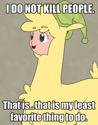 Size: 1500x1900 | Tagged: safe, artist:htfcuddles, paprika (tfh), alpaca, them's fightin' herds, community related, hat, image macro, llamas with hats, meme, paprika can talk