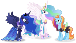 Size: 4497x2530 | Tagged: safe, artist:vector-brony, princess celestia, princess luna, sassy saddles, alicorn, pony, unicorn, canterlot boutique, g4, clothes, concave belly, dress, high res, looking at each other, over the moon, signature, simple background, slender, thin, transparent background, tripping the light, vector