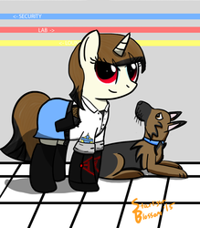 Size: 1080x1232 | Tagged: safe, artist:starlightblossom, oc, oc only, oc:pepper, oc:y-115, oc:zinnia, cyborg, dog, clothes, gun, prosthetic limb, prosthetics