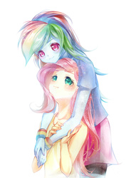 Size: 2480x3507 | Tagged: safe, artist:murasaki-to, fluttershy, rainbow dash, equestria girls, g4, clothes, female, high res, lesbian, pixiv, ship:flutterdash, shipping, tank top