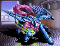 Size: 4400x3400 | Tagged: safe, artist:aphexangel, oc, oc only, oc:bad_end, android, pegasus, pony, action pose, katana, solo, sword, weapon