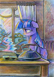 Size: 1000x1429 | Tagged: safe, artist:maytee, twilight sparkle, pony, unicorn, g4, cup, fanfic art, female, kettle, solo, teacup, teapot, traditional art, window