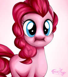 Size: 700x800 | Tagged: safe, artist:teammagix, pinkie pie, earth pony, pony, g4, :i, cute, diapinkes, female, gradient background, mare, missing cutie mark, pink background, ponk, ponkie poy, scrunchy face, silly, silly pony, simple background, solo, white background