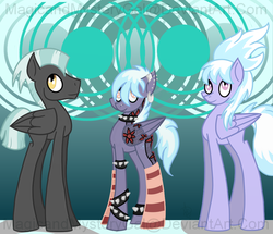 Size: 1000x860 | Tagged: safe, artist:magicandmysterygal, cloudchaser, thunderlane, oc, oc:icy dusk, pegasus, pony, g4, bracelet, choker, clothes, ear piercing, family, female, male, mare, nose piercing, offspring, parent:cloudchaser, parent:thunderlane, parents:thunderchaser, piercing, ship:thunderchaser, shipping, smiling, socks, spiked choker, spiked wristband, stallion, straight, tattoo, watermark