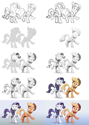 Size: 2400x3375 | Tagged: safe, artist:assasinmonkey, applejack, rarity, g4, made in manehattan, :o, frown, gradient background, high res, looking up, progress, raised hoof, raised leg, scene interpretation, sketch, wide eyes, wip