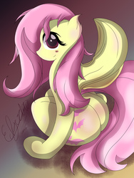 Size: 3216x4288 | Tagged: safe, artist:edgar2225, fluttershy, bat pony, pony, g4, blushing, butt, butt blush, cute, female, flutterbat, looking at you, plot, sitting, smiling, solo