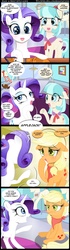Size: 900x3225 | Tagged: safe, artist:coltsteelstallion, applejack, coco pommel, princess celestia, rarity, smarty pants, earth pony, pony, unicorn, g4, applejack is not amused, bib, clothes, comic, dragon ball, five nights at freddy's, grimace, hat, mannequin, missing accessory, picture, scarf, skyrim, the elder scrolls, tower of pimps, turtle school uniform, unamused