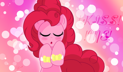 Size: 5488x3216 | Tagged: safe, artist:edgar2225, pinkie pie, earth pony, pony, g4, :o, bipedal, blushing, bracelet, bronybait, bust, cute, eyes closed, female, heart, jewelry, kissing, kissy face, open mouth, solo