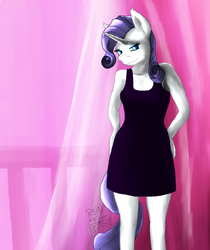 Size: 840x1000 | Tagged: safe, artist:rain-hatchett, rarity, anthro, g4, clothes, curtains, dress, female, solo