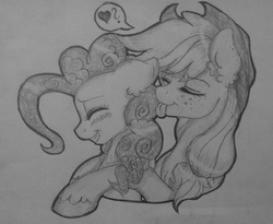 Size: 2929x2401 | Tagged: safe, artist:themoonraven, applejack, pinkie pie, g4, female, high res, lesbian, monochrome, ship:applepie, shipping, tongue out, traditional art