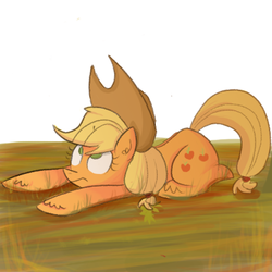 Size: 411x411 | Tagged: safe, artist:zefidu, applejack, g4, annoyed, female, mud, prone, solo