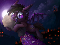 Size: 2048x1536 | Tagged: dead source, safe, artist:ibsn, oc, oc only, bat pony, pony, candy, nightmare night, solo