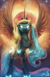 Size: 1024x1583 | Tagged: safe, artist:blindcoyote, princess luna, g4, blood moon, female, glowing eyes, moon, solo, stars