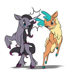 Size: 2000x2000 | Tagged: safe, artist:mykegreywolf, oleander (tfh), velvet (tfh), classical unicorn, deer, pony, reindeer, unicorn, them's fightin' herds, 30 minute art challenge, community related, fight, high res, horn, leonine tail, unshorn fetlocks