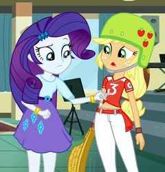Size: 699x727 | Tagged: safe, screencap, applejack, rarity, equestria girls, g4, my little pony equestria girls: friendship games, belly button, bracelet, clothes, cropped, jewelry, midriff, skirt