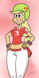 Size: 1568x3136 | Tagged: safe, artist:scobionicle99, applejack, equestria girls, g4, applebucking thighs, belly button, dem thighs, female, helmet, jai alai, midriff, solo, thighs, wide hips