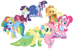 Size: 1147x761 | Tagged: safe, artist:midnight--blitz, applejack, fluttershy, pinkie pie, rainbow dash, rarity, twilight sparkle, earth pony, pegasus, pony, unicorn, g4, season 1, the best night ever, .ai available, .svg available, clothes, dress, gala dress, glass slipper (footwear), high heels, mane six, shoes, simple background, svg, transparent background, vector