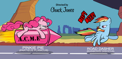 Size: 1500x728 | Tagged: safe, artist:dan232323, pinkie pie, rainbow dash, earth pony, pegasus, pony, g4, acme, beep beep, canis latinicus, chase, chuck jones, female, looney tunes, mare, parody, road, road runner, rocket, style emulation, wile e coyote