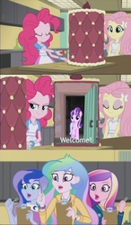 Size: 547x939 | Tagged: safe, edit, edited screencap, screencap, dean cadance, fluttershy, pinkie pie, princess cadance, princess celestia, princess luna, principal celestia, starlight glimmer, vice principal luna, equestria girls, g4, my little pony equestria girls: friendship games, the cutie map, cake, crossing the memes, inside the cake meme, meme, that door, this will end in tears, this will not end well, welcome