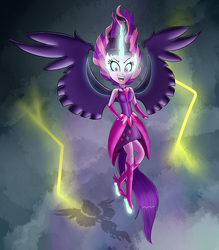 Size: 1400x1600 | Tagged: safe, artist:mlp-firefox5013, sci-twi, twilight sparkle, equestria girls, g4, my little pony equestria girls: friendship games, clothes, dress, female, fingerless gloves, gloves, horn, lightning, midnight sparkle, open mouth, shadow, solo, wings
