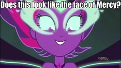 Size: 935x523 | Tagged: safe, edit, screencap, sci-twi, twilight sparkle, equestria girls, g4, my little pony equestria girls: friendship games, discovery family logo, evil twilight, face of mercy, female, glowing eyes, image macro, meme, midnight sparkle, midnight sparkle's lines, roflbot, solo
