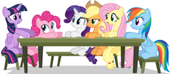 Size: 1211x521 | Tagged: safe, artist:korsoo, applejack, fluttershy, pinkie pie, rainbow dash, rarity, twilight sparkle, alicorn, earth pony, pegasus, pony, unicorn, g4, the cutie map, .svg available, female, mane six, mare, missing cutie mark, simple background, svg, table, transparent background, twilight sparkle (alicorn), vector