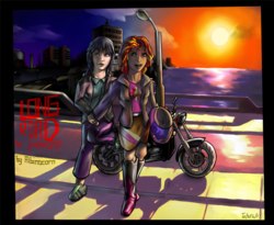 Size: 1280x1051 | Tagged: safe, artist:tehursus, sunset shimmer, twilight sparkle, fanfic:long road to friendship, equestria girls, g4, fanfic art, female, lesbian, motorcycle, ship:sunsetsparkle, shipping, sunset