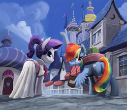Size: 1201x1043 | Tagged: safe, artist:bakuel, rainbow dash, rarity, pegasus, pony, unicorn, g4, backwards cutie mark, bags, blushing, canterlot, clothes, dress, duo, female, looking back, mare, ponytail, rainbow dash always dresses in style, shopping, smiling