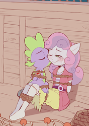Size: 1024x1448 | Tagged: safe, artist:sony-shock, spike, sweetie belle, anthro, g4, cheek kiss, clothes, crying, equestria girls outfit, female, injured, interspecies, kissing, male, missing shoes, ship:spikebelle, shipping, story in the source, straight, tied up