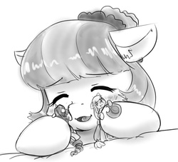 Size: 794x721 | Tagged: safe, artist:alloyrabbit, applejack, coco pommel, rarity, g4, made in manehattan, :t, appletini, blushing, cocobetes, cute, ear fluff, eyes closed, floppy ears, hape, happy, hug, micro, monochrome, non-consensual cuddling, nuzzling, open mouth, rubbing, scrunchy face, size difference, smiling