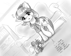 Size: 1040x824 | Tagged: safe, artist:alloyrabbit, applejack, coco pommel, rarity, earth pony, pony, unicorn, g4, made in manehattan, applejack's hat, blushing, bookshelf, cocobetes, couch, cowboy hat, cute, dialogue, female, giant pony, hat, looking at someone, looking down, macro, macro/micro, mare, micro, monochrome, nervous, offscreen character, perspective, pov, rear view, shy, size difference, sweat, sweatdrop, tiny, tiny ponies