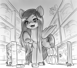 Size: 864x759 | Tagged: safe, artist:alloyrabbit, oc, oc only, oc:floral, oc:ultramare, earth pony, pegasus, pony, unicorn, cereal, grocery store, micro, monochrome, size difference