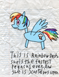 Size: 600x783 | Tagged: safe, artist:fonypan, artist:sweetie belle, rainbow dash, g4, implied scootaloo, lined paper, stylistic suck, sweetie's jurnal