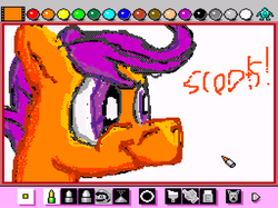 Size: 640x478 | Tagged: safe, artist:fillerartist, scootaloo, pegasus, pony, g4, crazy scootaloo, female, filly, mario paint, nintendo, quality, solo, stylistic suck, super nintendo, text, video game