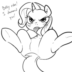Size: 863x866 | Tagged: safe, artist:glacierclear, trixie, pony, unicorn, g4, bellyrubs, blushing, chest fluff, featureless crotch, female, glare, looking at you, mare, monochrome, open mouth, solo, tsundere, tsunderixie, underhoof