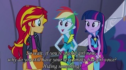 Size: 1280x714 | Tagged: safe, rainbow dash, sunset shimmer, twilight sparkle, equestria girls, g4, my little pony equestria girls: rainbow rocks, bad girl, good girl, image macro, meme, meta, voice acting