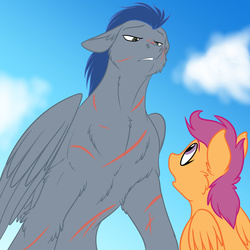 Size: 1280x1280 | Tagged: safe, artist:foxenawolf, descent, scootaloo, pegasus, pony, fanfic:piercing the heavens, g4, eye contact, fanfic art, female, filly, looking at each other, male, scar, sky, stallion