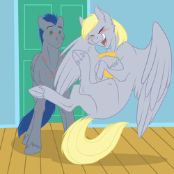 Size: 1280x1280 | Tagged: safe, artist:foxenawolf, derpy hooves, descent, pegasus, pony, fanfic:piercing the heavens, g4, blushing, confused, door, eyes closed, fanfic art, female, fluffy, flying, frown, indoors, laughing, male, mare, open mouth, scar, smiling, stallion, underhoof, unshorn fetlocks