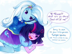 Size: 960x718 | Tagged: safe, artist:rainiitan, trixie, twilight sparkle, equestria girls, g4, blushing, clothes, cute, duo, female, inconvenient trixie, lesbian, ship:twixie, shipping, skirt