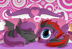 Size: 1200x820 | Tagged: safe, artist:berrypawnch, oc, oc only, bat pony, pony, bed, chibi, cute, duo, exclamation point, eyes closed, happy, heart, kissing, looking at you, open mouth, pictogram, prone, smiling, spread wings