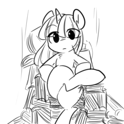 Size: 1000x1000 | Tagged: safe, artist:glacierclear, twilight sparkle, pony, unicorn, g4, book, crossed legs, female, looking at you, mare, monochrome, sitting, sketch, solo, that pony sure does love books, throne