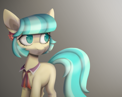 Size: 1572x1245 | Tagged: safe, artist:fensu-san, coco pommel, g4, female, frown, gradient background, looking back, solo