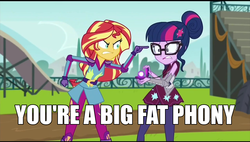 Size: 2048x1163 | Tagged: safe, edit, edited screencap, screencap, sci-twi, sunset shimmer, twilight sparkle, equestria girls, g4, my little pony equestria girls: friendship games, angry, duo, family guy, holden caulfield, magic capture device, male, meme, pointing, special eyes