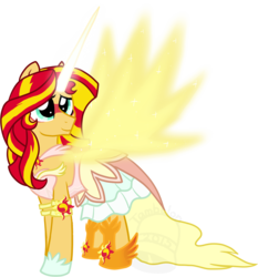 Size: 990x1062 | Tagged: safe, artist:tambelon, sunset shimmer, equestria girls, g4, my little pony equestria girls: friendship games, artificial wings, augmented, clothes, daydream shimmer, dress, equestria girls ponified, female, glowing horn, horn, magic, magic wings, ponified, smiling, solo, spread wings, watermark, wings