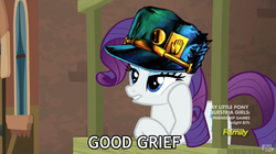 Size: 1600x896 | Tagged: safe, screencap, rarity, g4, made in manehattan, concession stand, image macro, jojo's bizarre adventure, meme, pun, the mane is the hat, visual pun