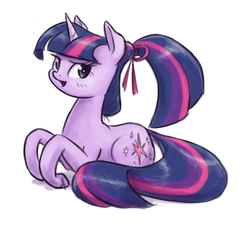 Size: 1000x899 | Tagged: safe, artist:king-kakapo, twilight sparkle, pony, unicorn, g4, alternate hairstyle, female, looking at you, open mouth, ponytail, prone, raised eyebrow, smiling, smirk, solo, unicorn twilight